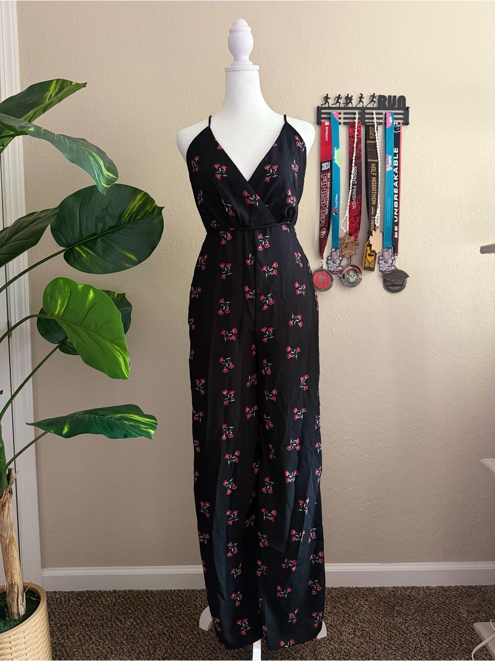Lulu's Black Wide-Leg Jumpsuit with Pink Floral Print
